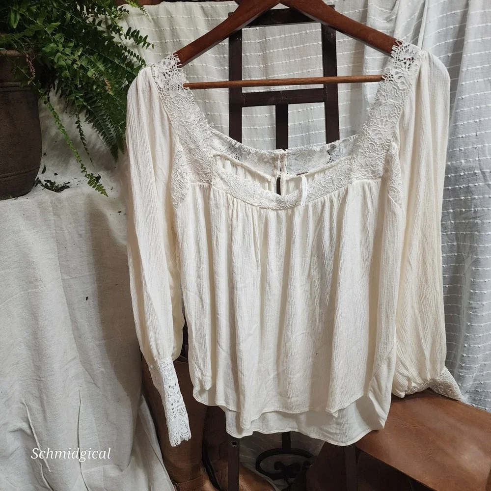 Free People Cream Lace Trim Peasant Blouse Long Sleeve Boho Top Medium